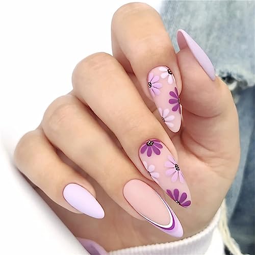 24 Stück lila French Flowers Fake Nail Short Mandel Press on Nails for Frauen and Mädchen Nail Art Manicure Dekoration von Crazynekos