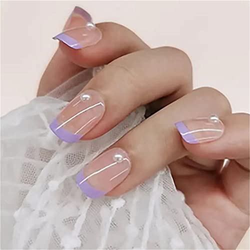 24 Stück lila French Summer Fake Nail Square kurz Press on Nails mit Kleber für Frauen und Mädchen Nail Art Maniküre Dekoration von Crazynekos