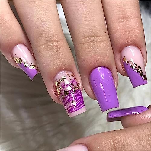 24 Stück lila Linien Glitzer Fake Nail Long Coffin Press on Nails Tips for Frauen and Girls Nail Art Manicure Decoratio von Crazynekos