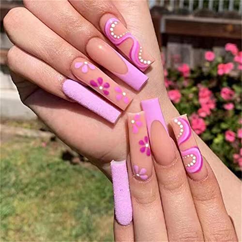 24 Stück lila rote Blumen künstliche Nägel French Lange Ballerina Press on Nails für Frauen und Mädchen Nail Art Maniküre Dekoration von Crazynekos