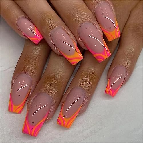 24 Stück orange rosa blühende künstliche Nägel lange Sarg French Press on Nails für Frauen und Mädchen Nail Art Maniküre Dekoration von Crazynekos