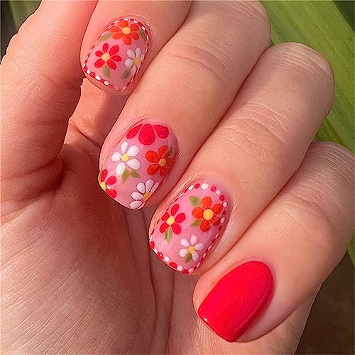 24 Stück rote weiße Blumen künstliche Nägel kurz Sommer Press on Nails Tips für Frauen und Mädchen Nail Art Maniküre Dekoration von Crazynekos