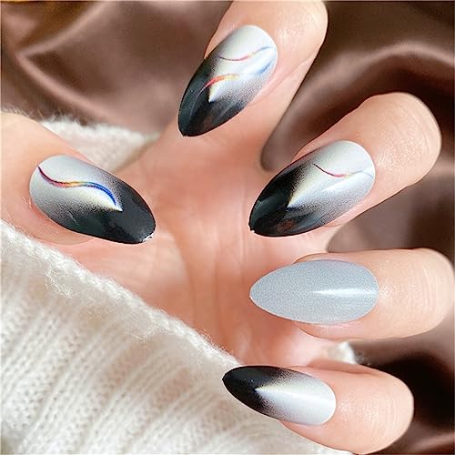 24 Stück schwarze französische künstliche Nägel, kurz, mandelgrau, zum Aufdrücken auf Nägel, Tipps für Frauen und Mädchen, Nagelkunst, Maniküre, Dekoration von Crazynekos