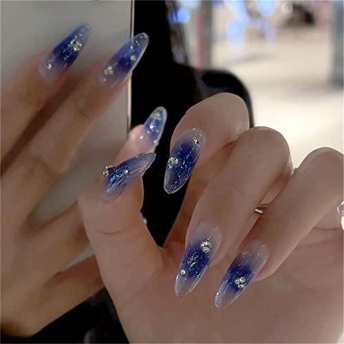 24 Stück transparente blaue künstliche Nägel, kurze Mandeln, zum Aufdrücken für Frauen und Mädchen, Nagelkunst, Maniküre, Dekoration von Crazynekos