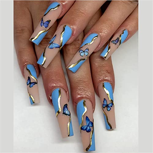 24 Stück unregelmäßige blaue Schmetterlinge Künstliche Nägel Sarg Lange Drücken Sie auf Nägel mit Kleber für Frauen und Mädchen Nail Art Maniküre Dekoration von Crazynekos