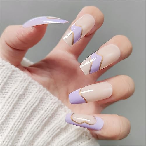 24 Stück unregelmäßige lila künstliche Nägel Ballerina lang transparent zum Aufdrücken auf Nägel für Frauen und Mädchen Nail Art Maniküre Dekoration von Crazynekos