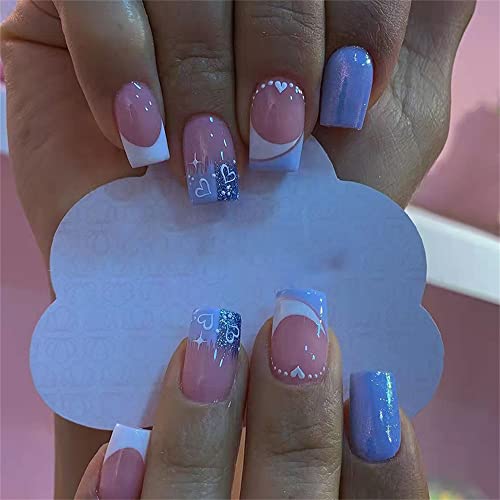 24 x French Fake Nail Blue Square Short Press on Nails with Kleber for Frauen and Mädchen Nail Art Manicure Dekoration von Crazynekos