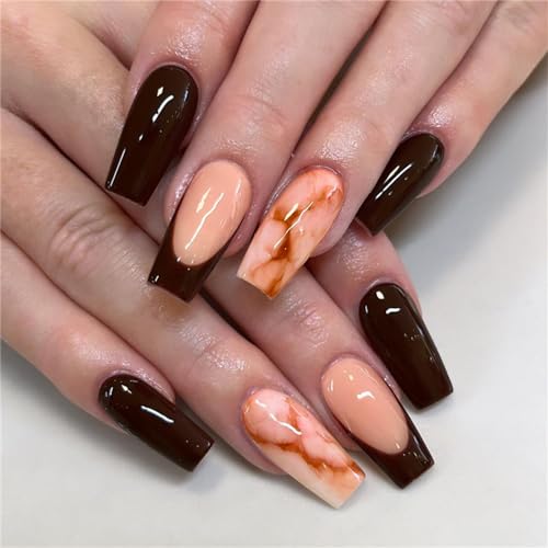 Bernstein Blooming Brown Fake Nail Long Sarg Press on Nails French Tips for Women and Girls Nail Art Manicure 24pcs von Crazynekos