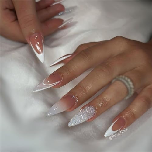 Broken Diamond Fake Nail Mandel Kurz Press on Nails French Tips Nail Art Dekoration für Frauen und Mädchen Maniküre 24 Stück von Crazynekos