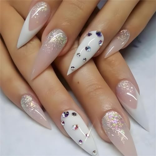 Broken Diamond Glitter Fake Nail Stiletto Long Press on Nails Tips Nail Art Decoration for Women and Girls Manicure 24pcs von Crazynekos