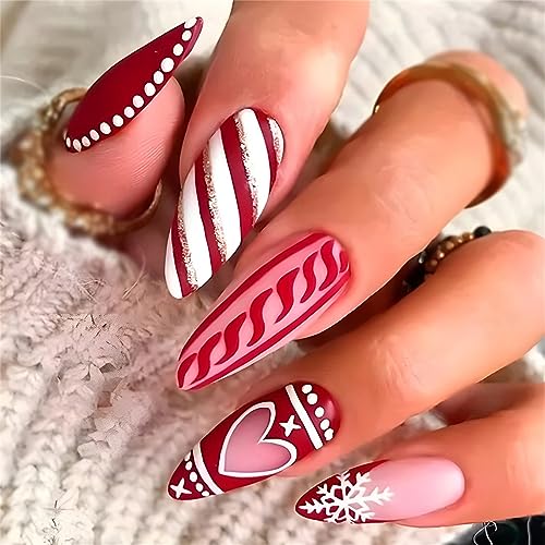 Charming Snowflake Fake Nails Christmas Tips Press on Nails with Heart Design Nail Art Decoration for Women and Girls 24pcs von Crazynekos