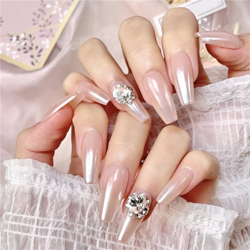 Coffin Medium handgefertigte Nägel schimmernd Drücken Sie auf Nägel French Tips Nail Art Dekoration für Frauen und Mädchen Maniküre 10 Stück (S) von Crazynekos