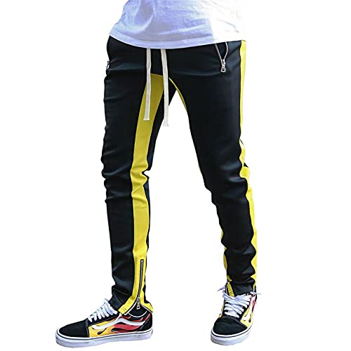 Crazynekos Herren Slim Fit Sport Gym Jogginghose Jogging Skinny Trainingshose Hip Hop Hose, Schwarz / Gelb, 31-35 von Crazynekos