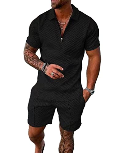 Crazynekos Trainingsanzug für Herren Sommer Sportanzug 2 Teiliges Outfit Sport Set Kurzarm T-Shirts + Kurze Hose Sets Freizeitanzug Männer Business Polo Hemd mit Revers Sporthose (1,L,L) von Crazynekos