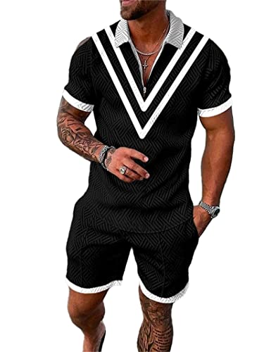 Crazynekos Trainingsanzug für Herren Sommer Sportanzug 2 Teiliges Outfit Sport Set Kurzarm T-Shirts + Kurze Hose Sets Freizeitanzug Männer Business Polo Hemd mit Revers Sporthose (22,XXXL,3XL) von Crazynekos