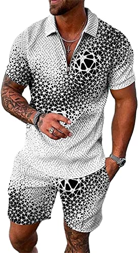 Crazynekos Trainingsanzug für Herren Sommer Sportanzug 2 Teiliges Outfit Sport Set Kurzarm T-Shirts + Kurze Hose Sets Freizeitanzug Männer Business Polo Hemd mit Revers Sporthose (34,XL,XL) von Crazynekos