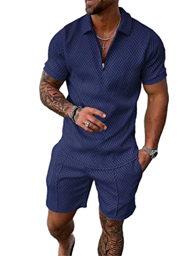 Crazynekos Trainingsanzug für Herren Sommer Sportanzug 2 Teiliges Outfit Sport Set Kurzarm T-Shirts + Kurze Hose Sets Freizeitanzug Männer Business Polo Hemd mit Revers Sporthose (7,XXL,XXL) von Crazynekos