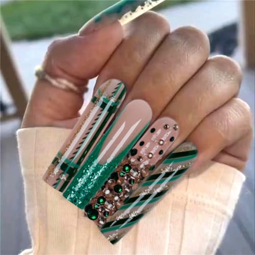 Extra lange quadratische künstliche Nägel, stilvolle Linie, Pailletten, zum Aufdrücken auf Nägel, French Tips, Nagelkunst, Dekoration für Frauen und Mädchen, Maniküre, 24 Stück von Crazynekos