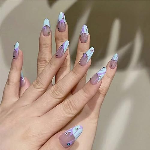 French Flame Geometrische künstliche Nägel, kurze Mandel-Presse auf Nägelspitzen für Frauen und Mädchen, Nagelkunst, Maniküre, Dekoration, 24 Stück von Crazynekos