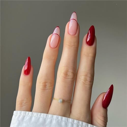 French Tips Red Line Künstliche Fingernägel, kurze Mandelpresse, Nagelkunst, Dekoration für Frauen und Mädchen, Maniküre, 24 Stück von Crazynekos