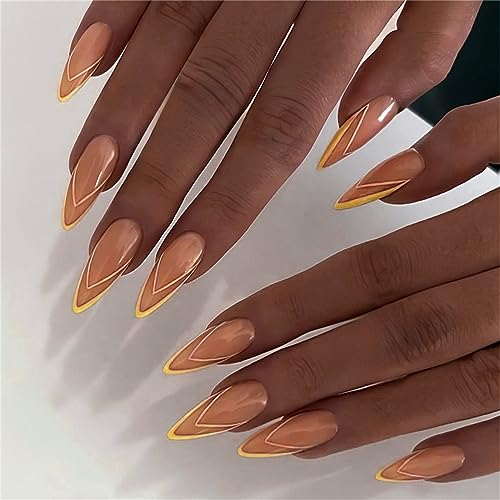 Geometrische Linie Französisch Fake Nagel Lange Stiletto Drücken auf Nägel Tipps für Frauen und Mädchen Nail Art Maniküre Dekoration 24pcs von Crazynekos