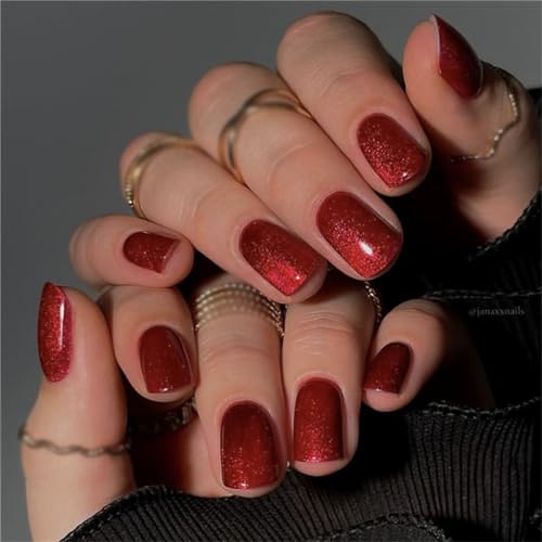 Glänzendes rotes Katzenauge, Kunstnägel, kurz, quadratisch, zum Aufdrücken, französische Spitzen, Nagelkunst, Dekoration für Frauen und Mädchen, Maniküre, 24 Stück von Crazynekos