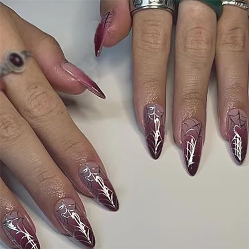 Gradient Spider Net Fake Nail Short Mandel Press on Nails French Tips Nail Art Dekoration für Frauen und Mädchen Maniküre 24pcs von Crazynekos