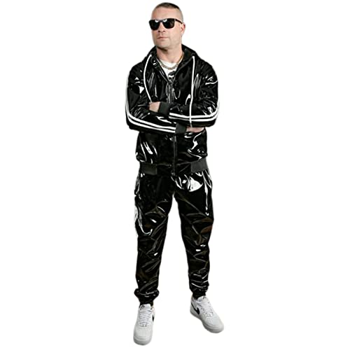 Herren Mode Leder Hoodie Trainingsanzug Patchwork Leder Sweatshirt Hosen Sets Sportanzug, Schwarz , M von Crazynekos