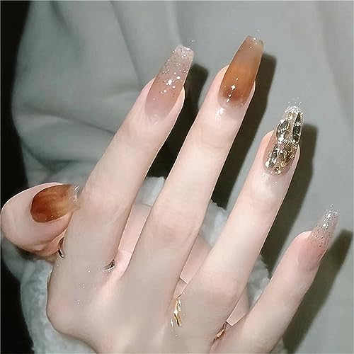 Künstliche Fingernägel, Herbst-Orange, Diamanten, lange Sargspitzen, zum Drücken auf Nägel, für Frauen und Mädchen, Nagelkunst-Dekoration, 24 Stück von Crazynekos