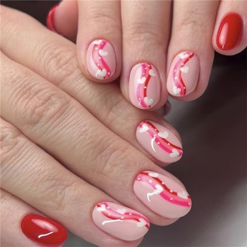 Künstliche Fingernägel, Herzform, kurz, oval, zum Aufdrücken, französische Spitzen, Nagelkunst-Dekoration für Frauen und Mädchen, Maniküre, 24 Stück von Crazynekos