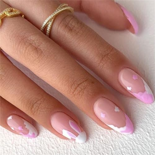 Künstliche Fingernägel, Mandel, kurz, süßes Rosa, zum Aufdrücken, französische Spitzen, Nagelkunst, Dekoration für Frauen und Mädchen, Maniküre, 24 Stück von Crazynekos