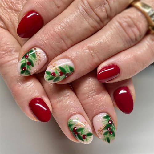 CRAZYNEKOS Künstliche Fingernägel, Weihnachtsfrüchte, kurze Mandel, zum Aufdrücken, Nagelkunst, Dekoration für Frauen und Mädchen, 24 Stück von Crazynekos