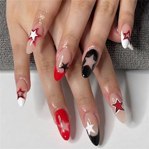 Künstliche Fingernägel, bunte Sterne, kurze Stiletto-Nägel zum Aufdrücken, französische Spitzen, Nagelkunst, Dekoration für Frauen und Mädchen, Maniküre, 24 Stück von Crazynekos