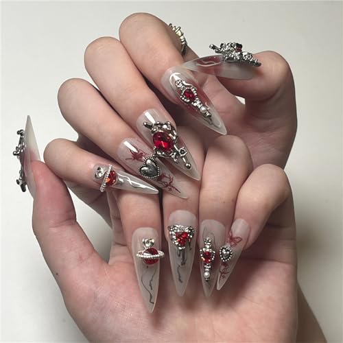 CRAZYNEKOS Künstliche Fingernägel, für Halloween, lang, Stiletto, zum Aufdrücken, französische Spitzen, für Frauen und Mädchen, 24 Stück von Crazynekos