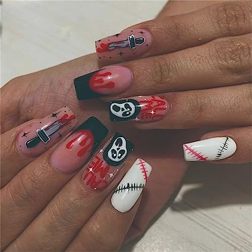 Künstliche Fingernägel, quadratisch, lang, Halloween, Blut Geist, für Frauen und Mädchen, Nagelkunst-Dekoration, Maniküre, 24 Stück von Crazynekos