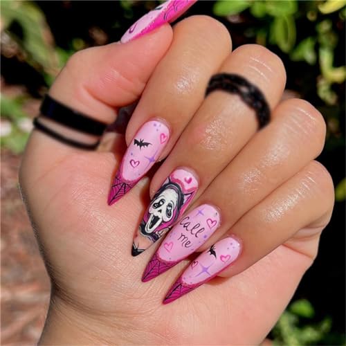 Künstliche Fingernägel für Halloween, Festival, lange Stiletto-Presse, französische Spitzen für Frauen und Mädchen, Nagelkunst-Dekoration, Maniküre, 24 Stück von Crazynekos