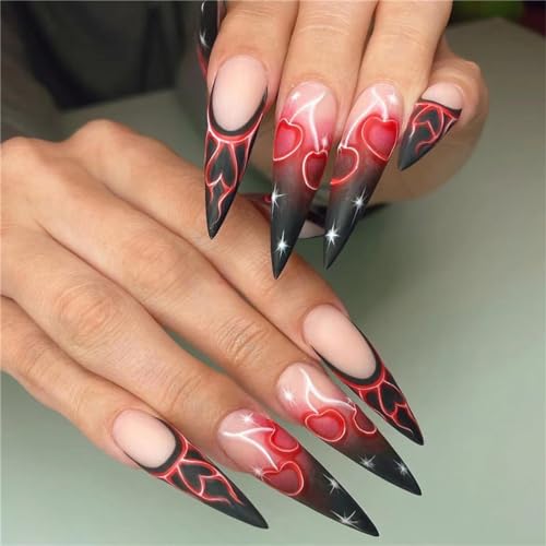 Künstliche Fingernägel für Halloween, Herz, lange Stiletto-Presse, schwarz, französische Spitzen für Frauen und Mädchen, Nagelkunst-Dekoration, 24 Stück von Crazynekos