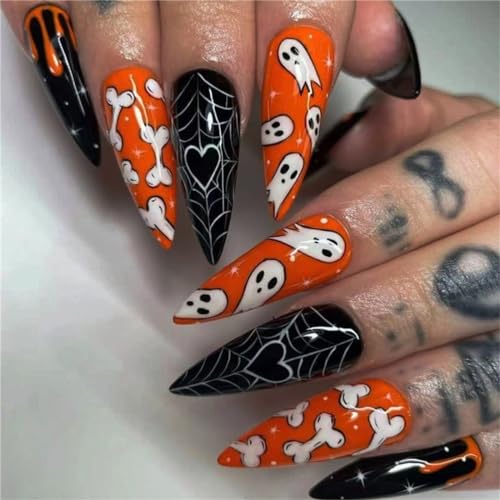 Künstliche Fingernägel für Halloween mit Designs, lang, Stiletto, für Frauen und Mädchen, 24 Stück, Schwarz / Orange von Crazynekos