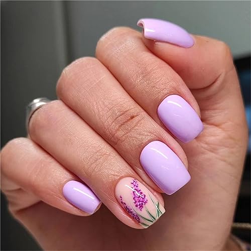 Künstliche Fingernägel in Blumenform, quadratisch, für Frauen und Mädchen, 24 Stück, Violett von Crazynekos