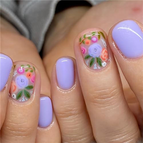 Künstliche Fingernägel mit Blumen, kurz, quadratisch, französische Spitzen für Frauen und Mädchen, Nagelkunst-Dekoration, Maniküre, 24 Stück von Crazynekos