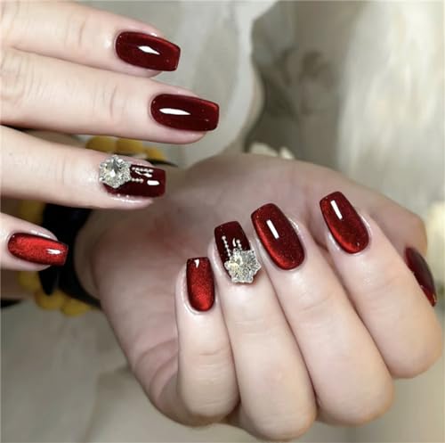 Künstliche Fingernägel mit Diamanten, Rot, Katzenauge, kurz, quadratisch, zum Aufdrücken, Nagelkunst-Dekoration für Frauen und Mädchen, Maniküre, 24 Stück von Crazynekos