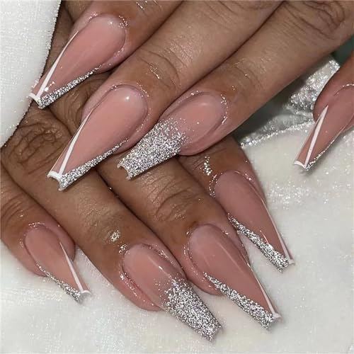 Künstliche Fingernägel mit Glitzer, lang, Ballerina, zum Aufdrücken, französische Spitzen, Nagelkunst, Dekoration für Frauen und Mädchen, Maniküre, 24 Stück von Crazynekos