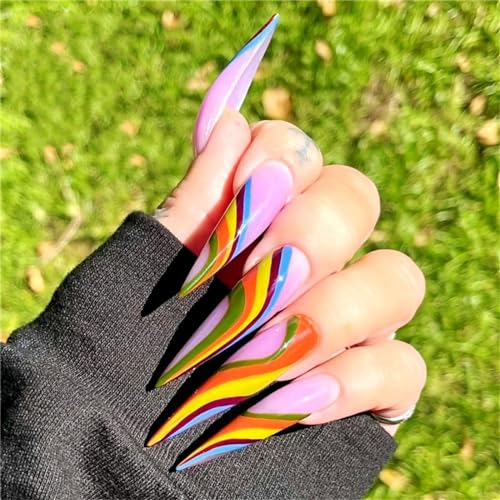 Crazynekos Künstliche Fingernägel mit Regenbogen-Linien, lange Stiletto-Presse, französische Spitzen, Nagelkunst-Dekoration für Frauen und Mädchen, Maniküre, 24 Stück von Crazynekos