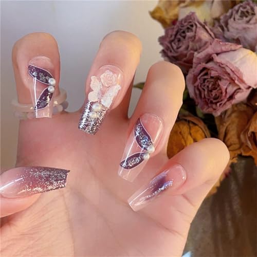 Künstliche Fingernägel mit Schmetterlingen, violett, glitzernd, lang, Sarg, zum Aufdrücken, French Tips, Nagelkunst, Dekoration für Frauen und Mädchen, Maniküre, 24 Stück von Crazynekos