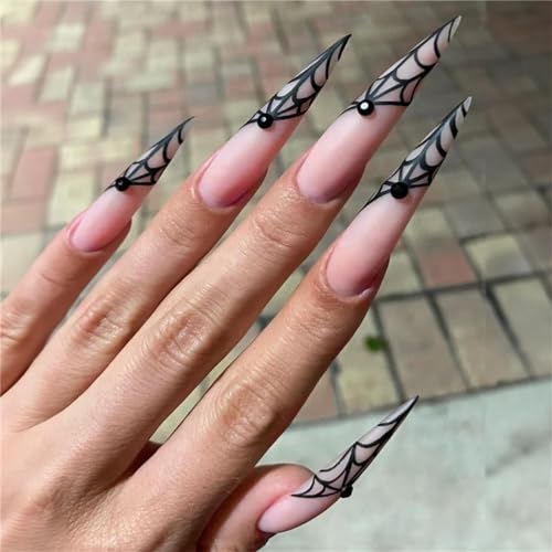 Künstliche Fingernägel mit Spinnennetz, lange Stiletto-Presse, französische Spitzen für Frauen und Mädchen, 24 Stück von Crazynekos