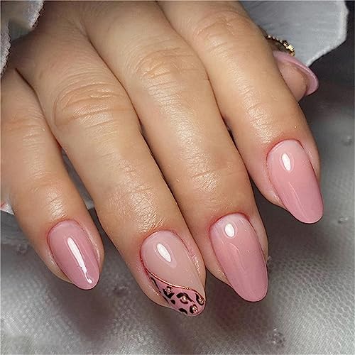 Künstliche Nägel mit Leopardenmuster, Rosa, Farbverlauf, kurze Mandeln, zum Aufdrücken für Frauen und Mädchen, Nagelkunst, Maniküre, Dekoration, 24 Stück von Crazynekos