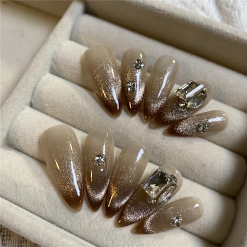 Mandel Lange Handgemachte Nägel Gradient Katzenauge Drücken Sie auf Nägel French Tips Nail Art Dekoration für Frauen und Mädchen Maniküre 10pcs (M) von Crazynekos