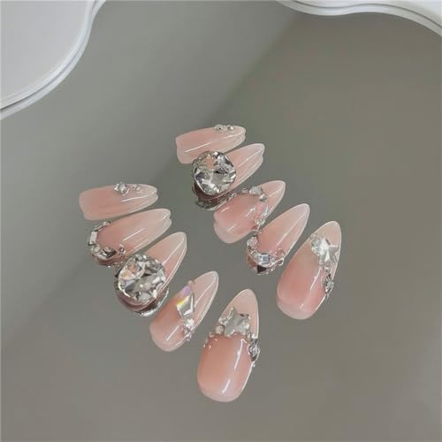 Mandel kurze handgemachte Nägel Eis durch mit Diamant drücken Sie auf Nägel Tips Nail Art Dekoration für Frauen und Mädchen Maniküre 10 Stück (M) von Crazynekos