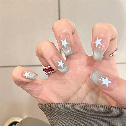 Sarg kurze künstliche Nägel Katzenauge Sterne drücken auf Nägel French Tips für Nagelkunst Dekoration Frauen und Mädchen Maniküre 24 Stück von Crazynekos