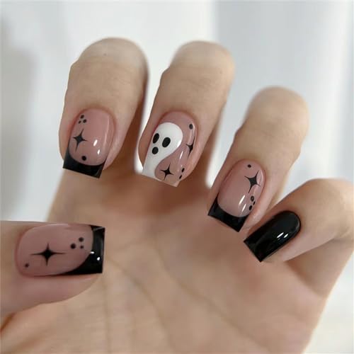 Schwarze Sterne Halloween Fake Nail Short Square Press on Nails French Tips Nail Art Dekoration für Frauen und Mädchen Maniküre 24 Stück von Crazynekos